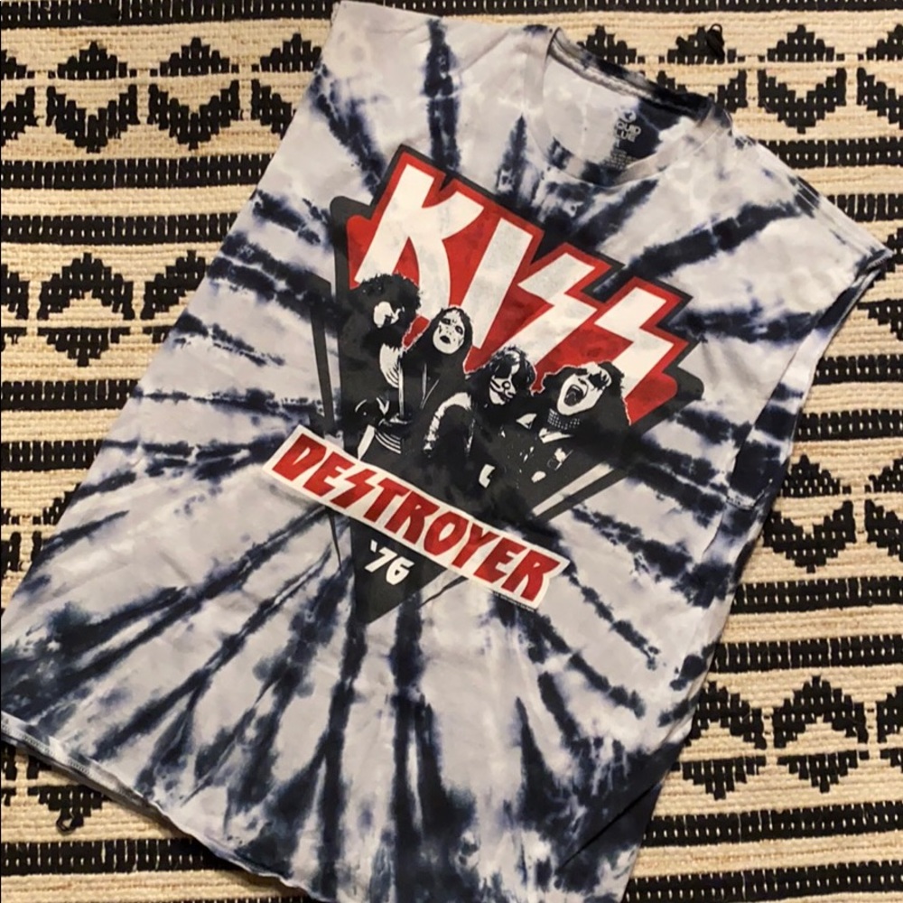 Awesome KISS Band Tie Dyed Cut Off Sleeve T-Shirt